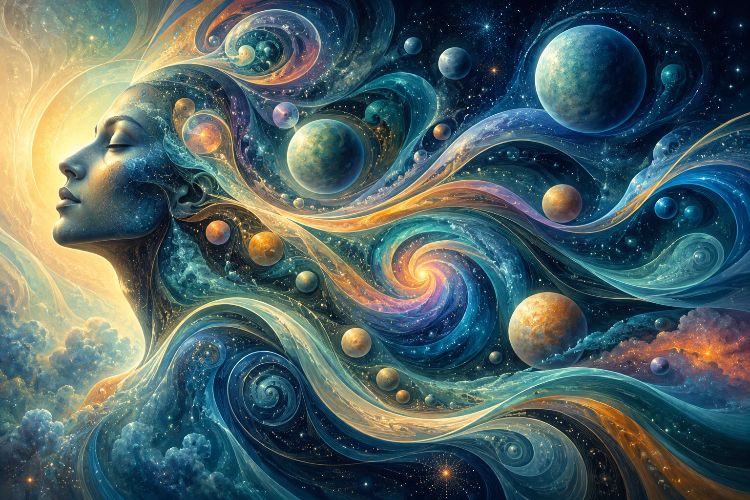 Illustrative artwork of a peaceful profile opening into flowing celestial forms